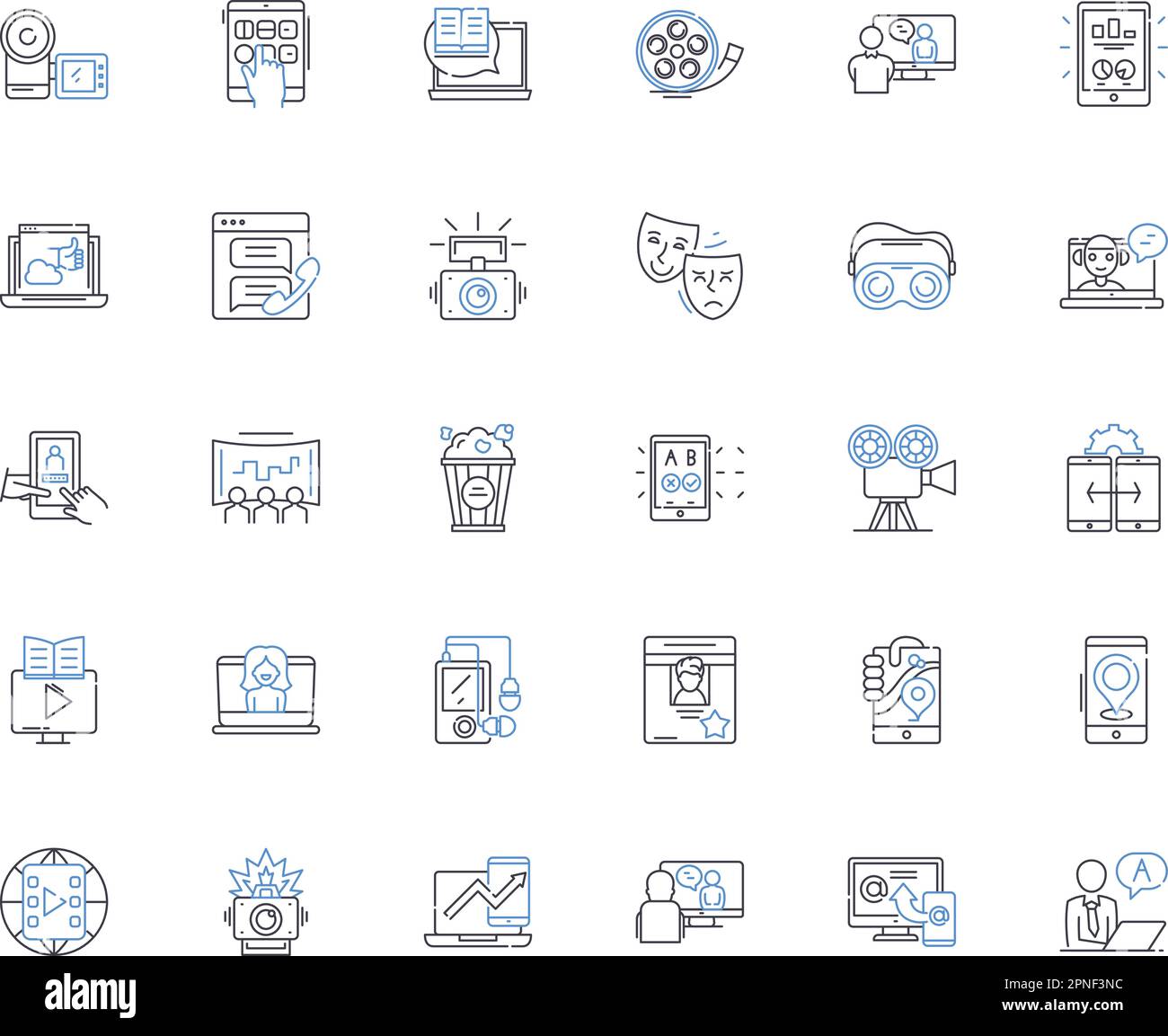 Collection d'icônes de ligne de balayage. Cinéma, cinéma, film, cinéma, Action, vecteur dramatique et illustration linéaire. Roman,Thriller,Horror Outline Illustration de Vecteur