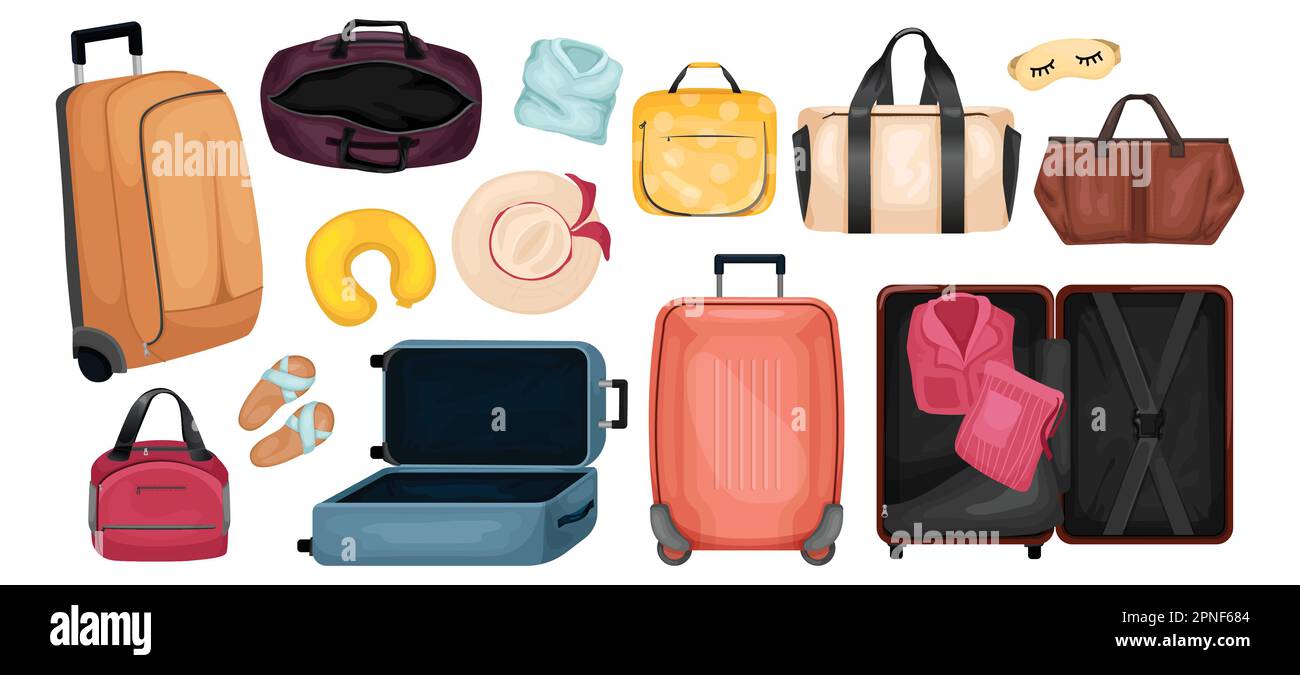 Ensemble de dessins animés de bagages de voyage et de valises touristiques sur roues illustration vectorielle isolée Illustration de Vecteur