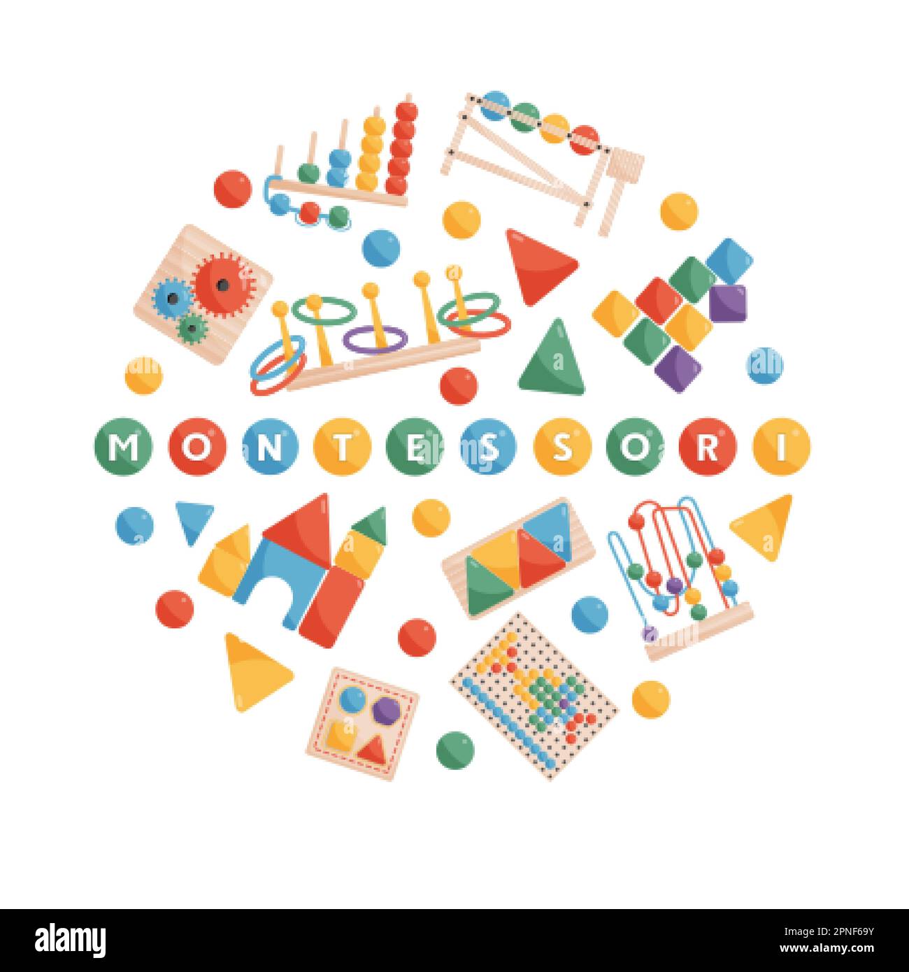 Montessory concept de design rond composé de mosaïque abacus et d'autres éléments en bois pour rétro éducation enfants jeux isolés vecteur illustrateur Illustration de Vecteur