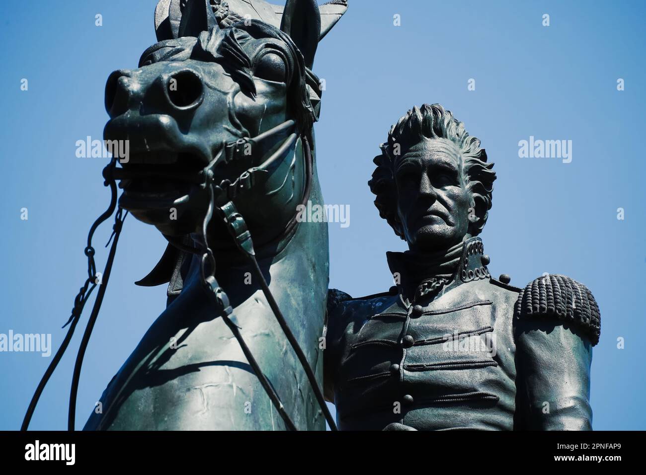 En gros plan face à la statue équestre en bronze d'Andrew Jackson par Clark Mills, montée au centre de Lafayette Square dans le parc du Président à Washington, Banque D'Images En gros plan face à la statue équestre en bronze d'Andrew Jackson par Clark Mills, montée au centre de Lafayette Square dans le parc du Président à Washington, Banque D'Images