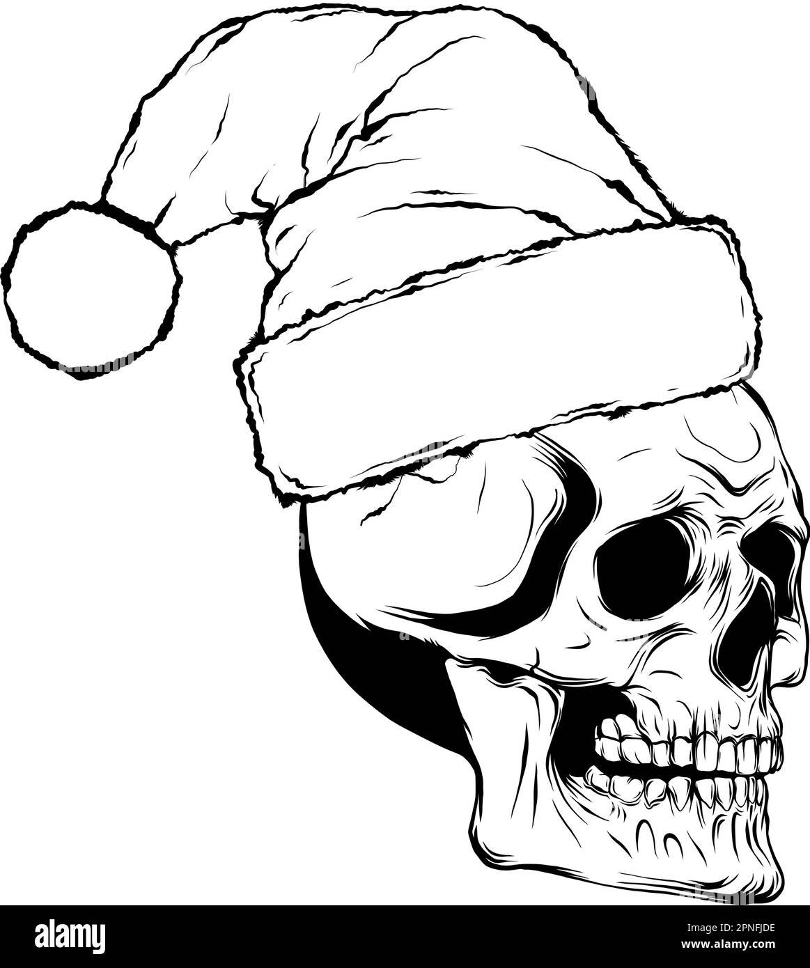 dessin monochrome d'un crâne de père noël d'horreur avec chapeau . Illustration de Vecteur