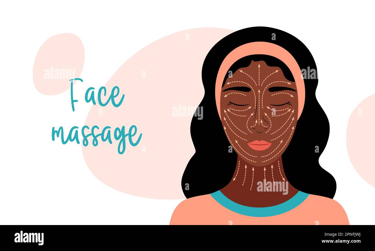 Illustration du massage du visage. Bannière vectorielle avec règles de massage facial anti-âge. Beauté et jeunesse. Infographie avec la belle femme afro-américaine Illustration de Vecteur