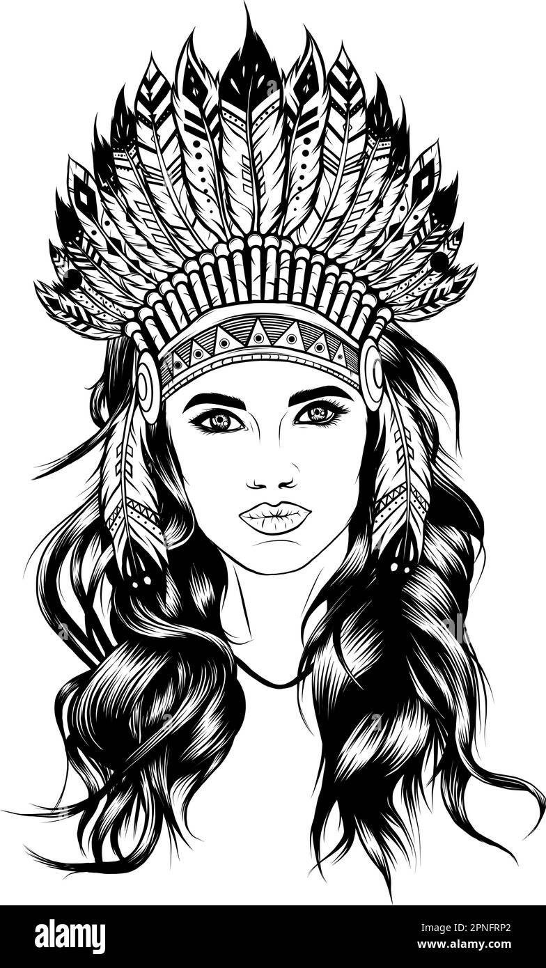 femme en chef indienne d'origine américaine portant une coiffe à plumes traditionnelle noire et blanche Illustration de Vecteur