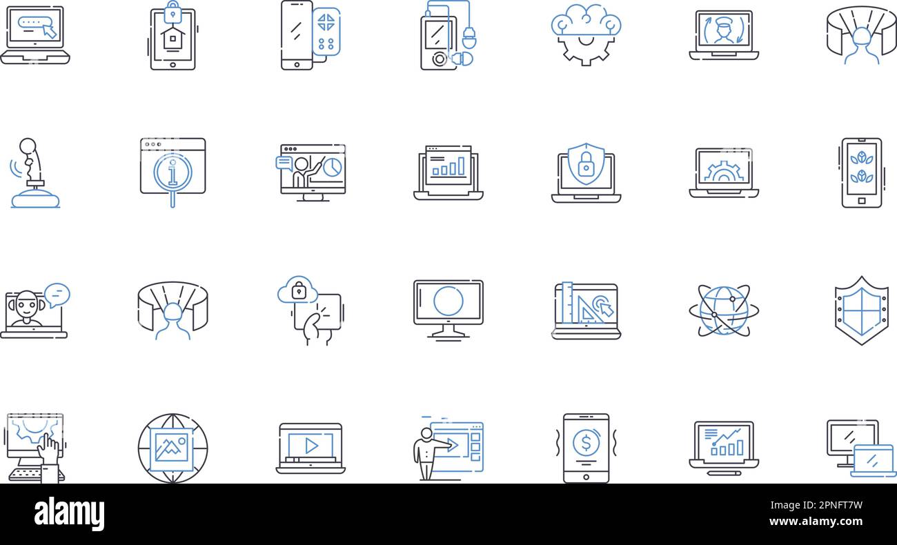 Collection d'icônes de ligne de périphériques. Smartph, tablette, ordinateur portable, ordinateur de bureau, appareil photo, Imprimante, scanner vectoriel et illustration linéaire. Montre intelligente, tracker d'activité Illustration de Vecteur