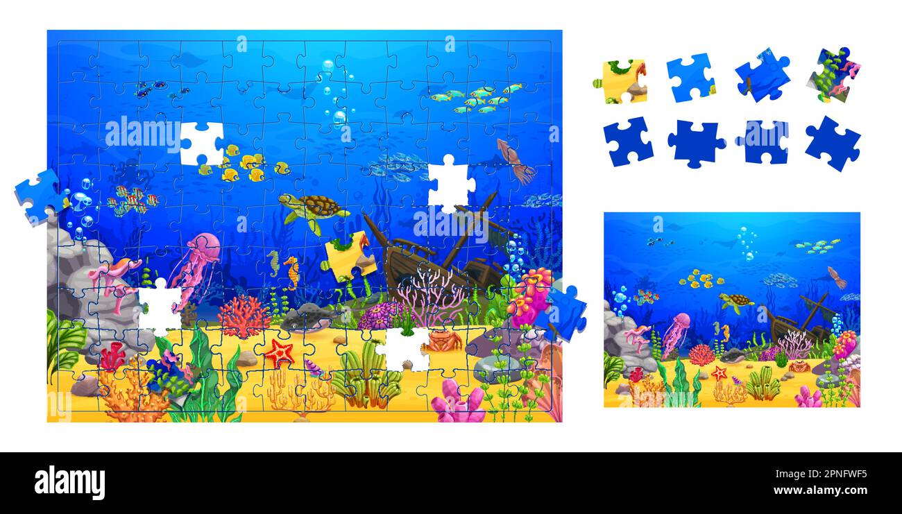 Puzzle pièces de paysage sous-marin. Dessin animé navire en contrebas, tortue et souille de poisson. Feuille de calcul de jeu éducatif vectoriel pour enfants d'âge préscolaire activi Illustration de Vecteur