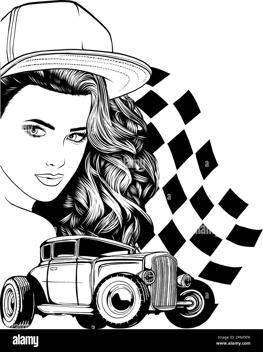 American Custom Retro cars vintage concept dans le style monochrome avec des drapeaux à damier joli mécanicien filles et Hot rods isolé illustration vectorielle Illustration de Vecteur