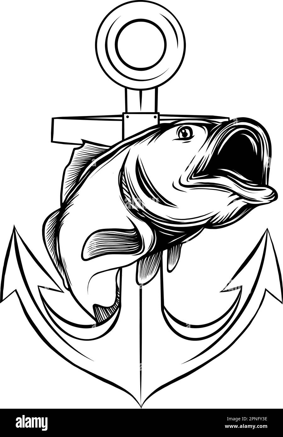 Carpe koï et emblème d'ancre. Élément monochrome avec illustration de vecteur d'onde de poisson et d'océan avec texte. Illustration de Vecteur