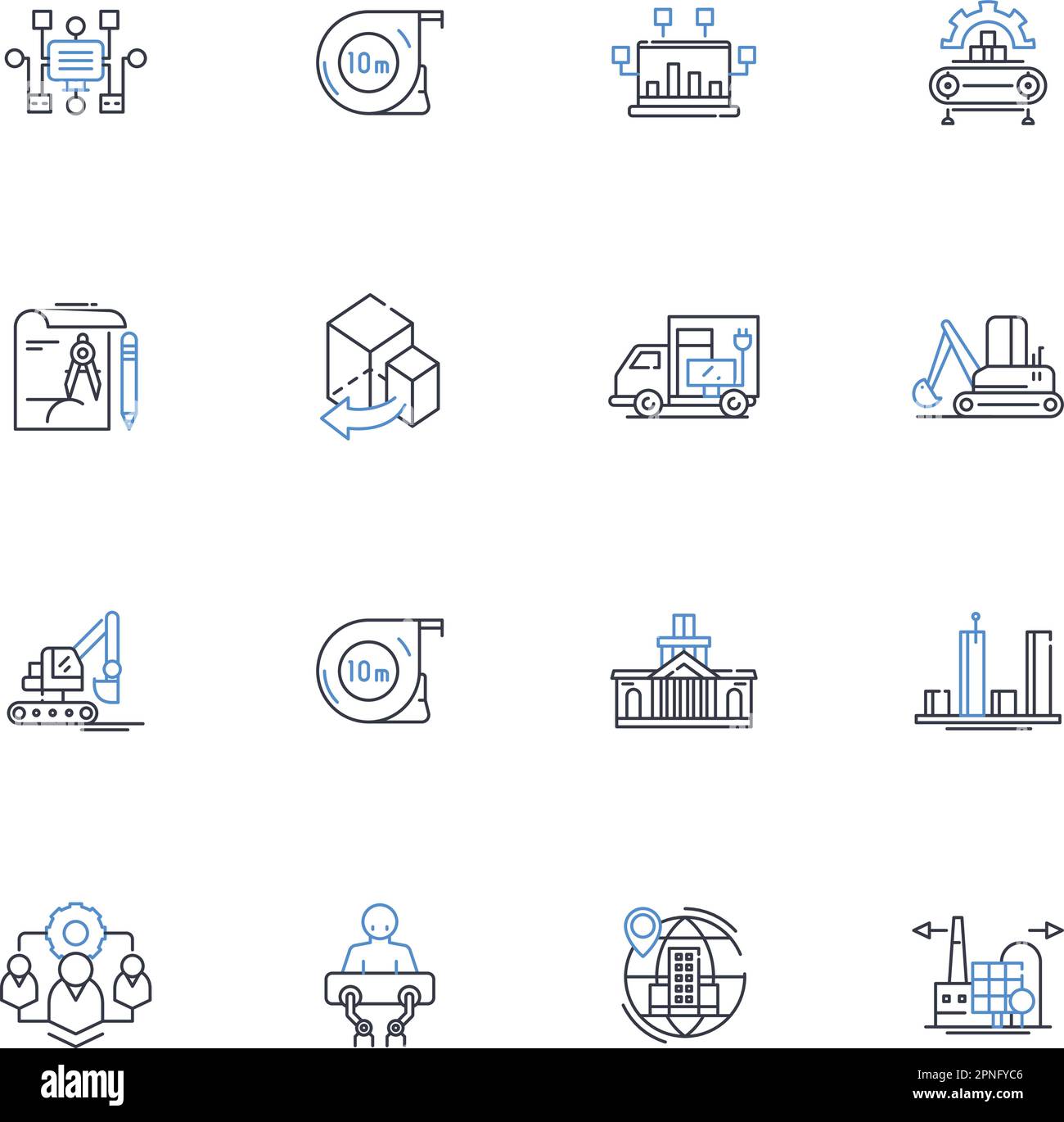 Collection d'icônes d'usine de fabrication. Assemblage, production, opérations, approvisionnement, efficacité, Machine, vecteur logistique et illustration linéaire Illustration de Vecteur