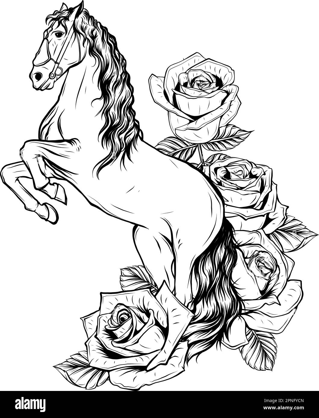 Beau cheval monochrome avec roses. Illustration vectorielle Illustration de Vecteur