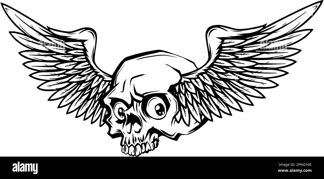 Crâne monochrome avec ailes. Illustration vectorielle, esquisse de tatouage, emblème. Illustration de Vecteur