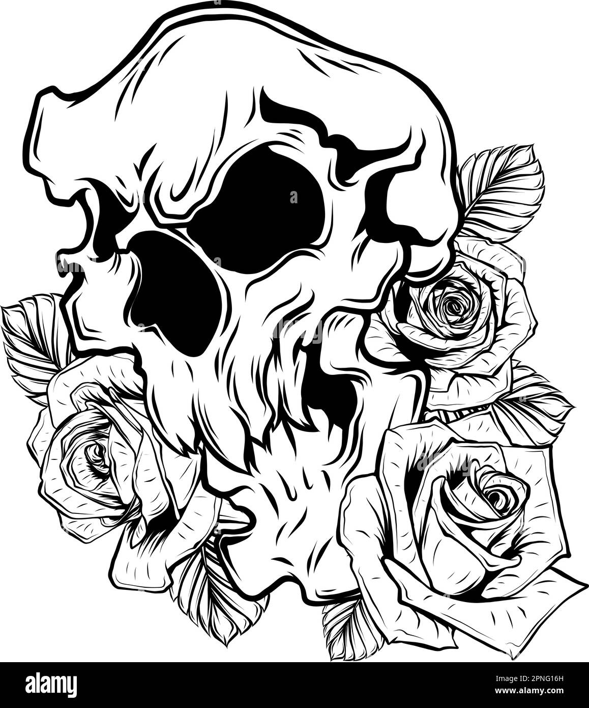 Prototype de tatouage de crâne humain Vintage monochrome avec illustration vectorielle isolée de fleurs roses Illustration de Vecteur