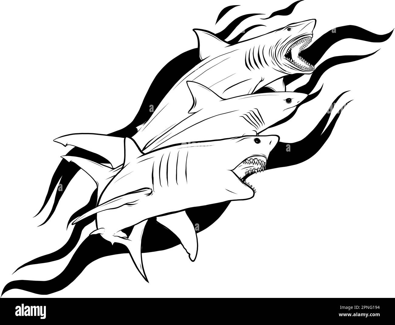 Ensemble de silhouettes vectorielles Shark monochromes. Poissons de mer, natation animale, illustration de la faune. Illustration de Vecteur