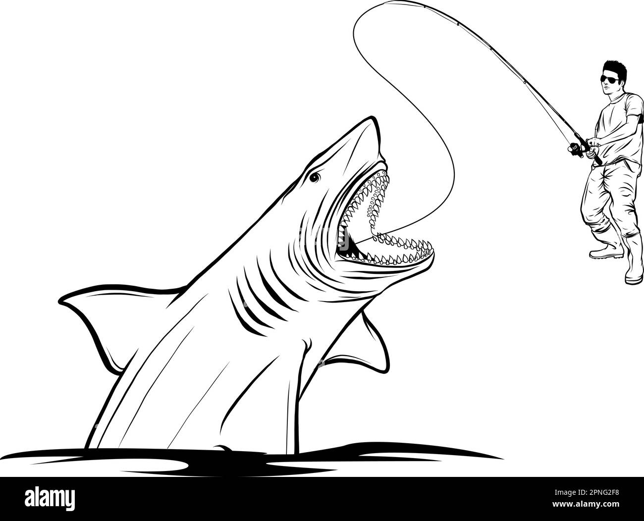 Étiquette de pêche monochrome avec un requin et un pêcheur dans un bateau.tous les éléments peuvent être modifiés. Illustration de Vecteur