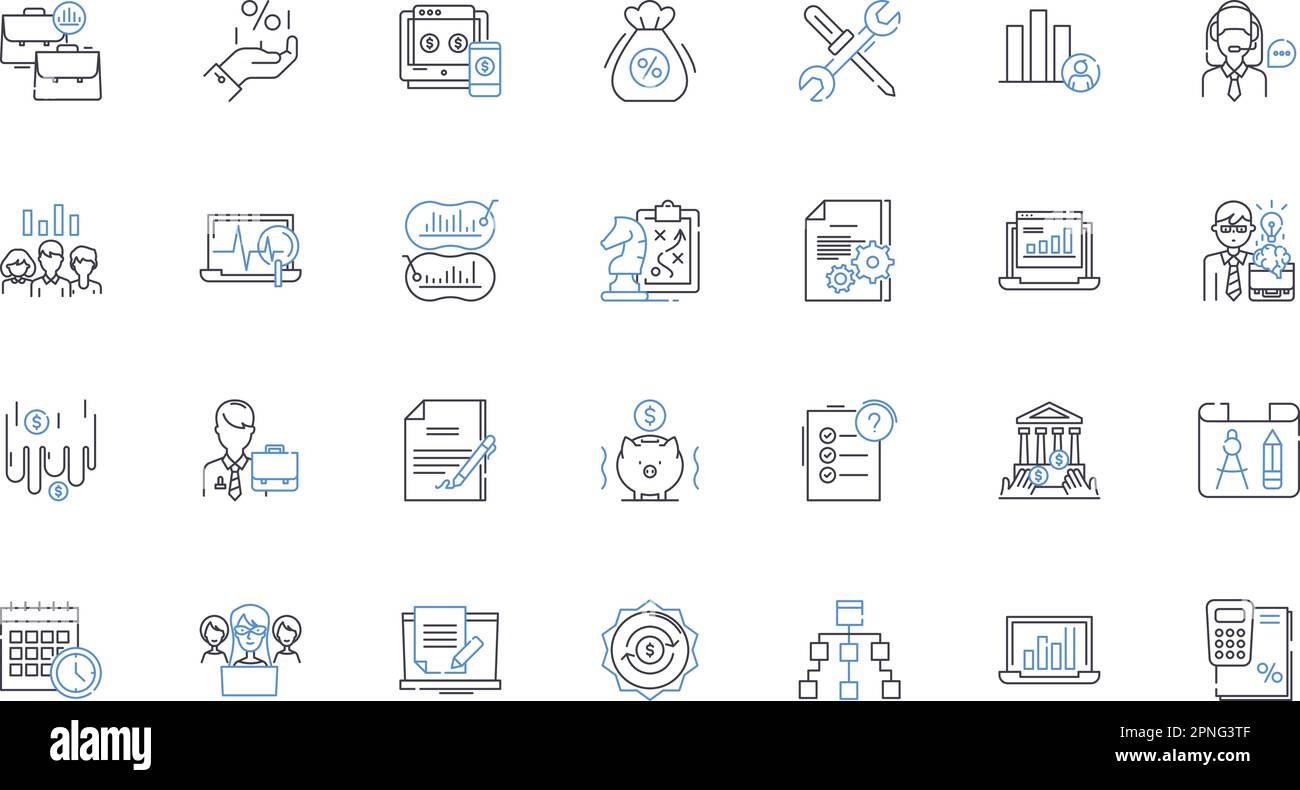 Collection d'icônes de ligne de produit fiscal. Budget, revenus, revenus, impôts, dépenses, Fonds publics, vecteur de trésorerie et illustration linéaire. Dette Illustration de Vecteur