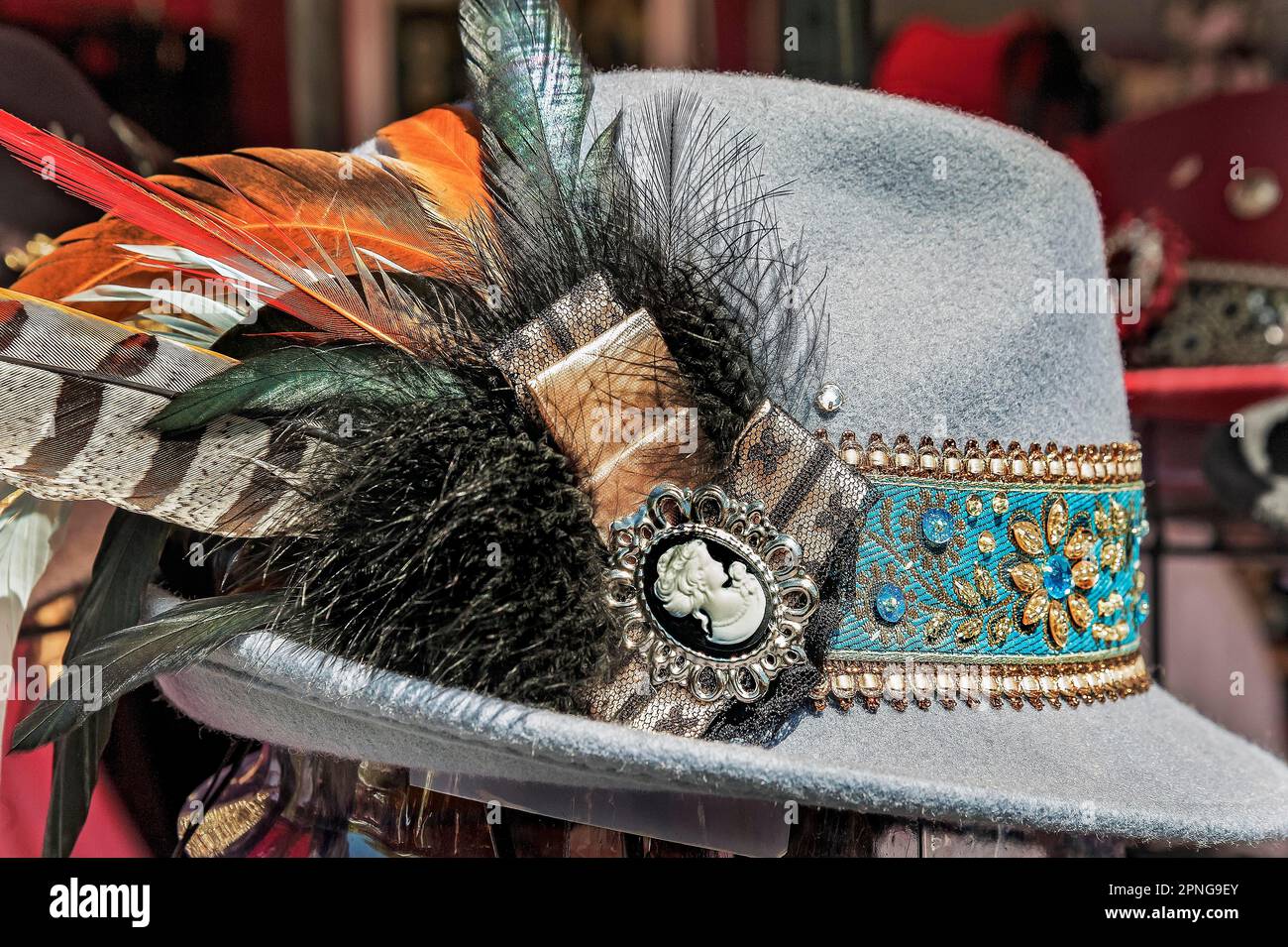 Décoration de plumes sur un chapeau bavarois, Auer Dult, Munich, Bavière, Allemagne Banque D'Images