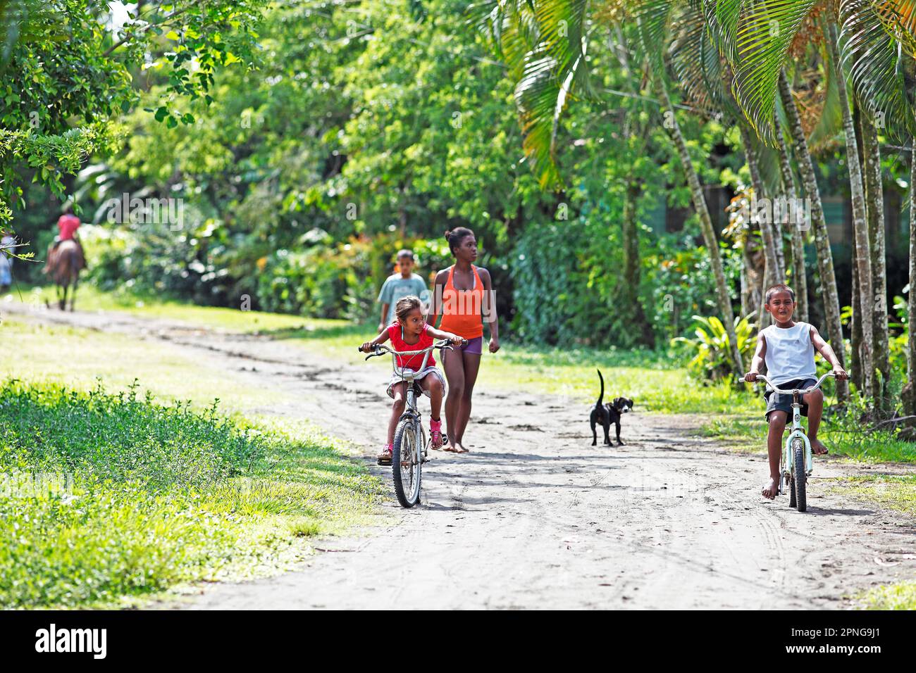 Les enfants costariciens à vélo dans la jungle, Parismina, province de Limon, Costa Rica Banque D'Images