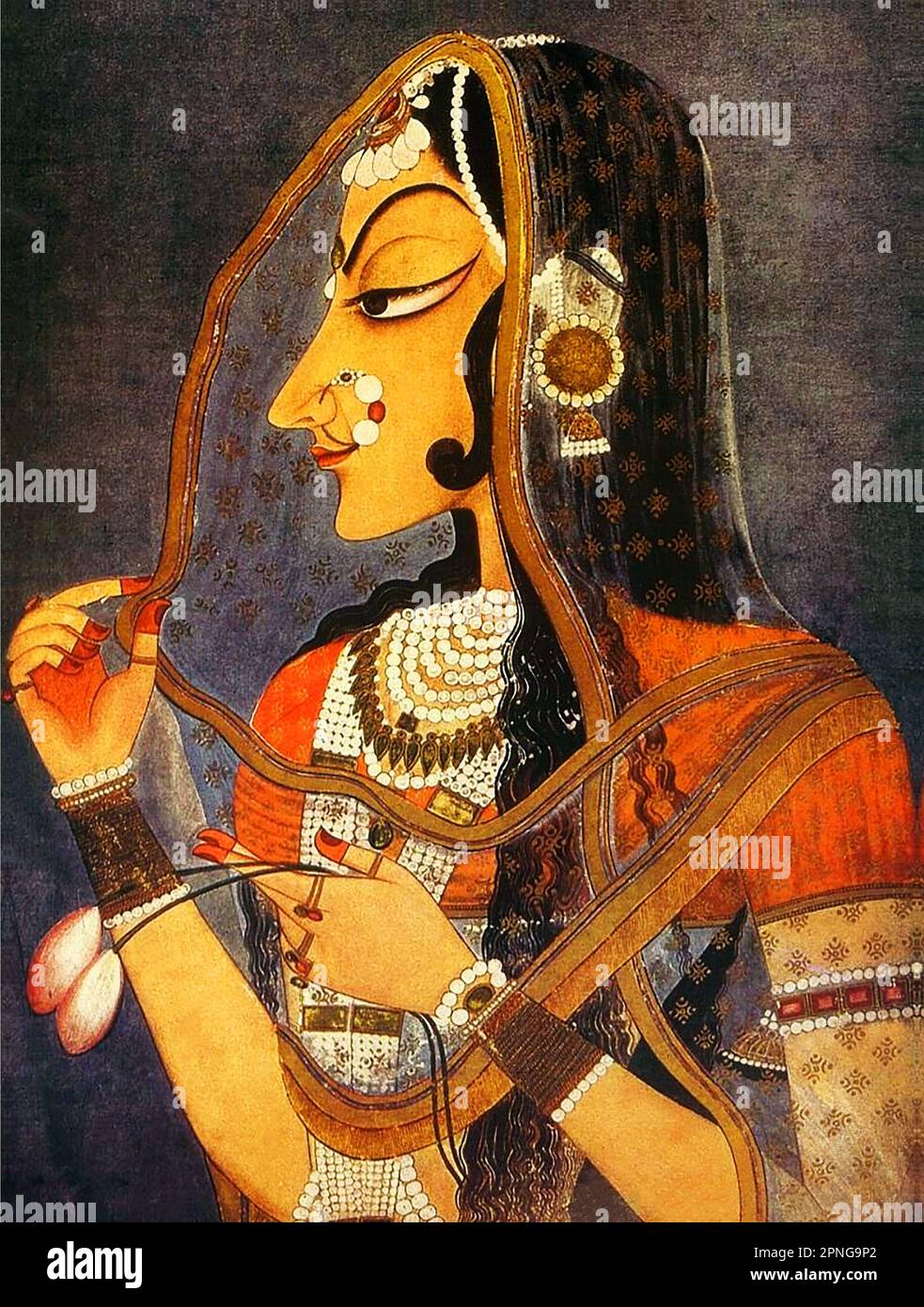 Inde: Bani Thani, 'Dame de la mode', une célèbre peinture Rajasthani de l'école de Kishangarh appelée parfois 'Inde's Mona Lisa'. Peinture miniature par Nihâl Chand (1710-1782), c. 1750s. Kishangarh Painting est apparu comme un style distinctif au milieu du 18th siècle sous le patronage de Maharaja Sawant Singh. Nihal Chand, artiste doué de la cour du Maharaja, a produit des œuvres hautement individualistes et sophistiquées. Les principales caractéristiques des peintures de Kishangarh étaient l'allongement des visages humains, l'utilisation somptueuse du vert et la représentation de paysages panoramiques. Banque D'Images