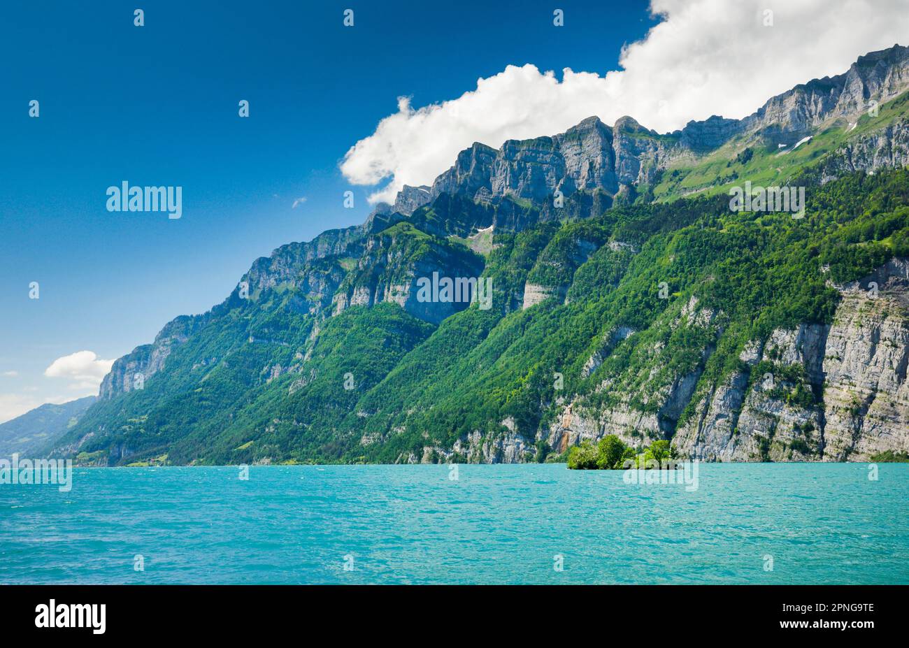 Vue ensoleillée sur le lac Walen avec la petite île de ciboulette dans l'eau turquoise et la chaîne de montagnes Schaeren et Leistchamm en arrière-plan, Canton Banque D'Images