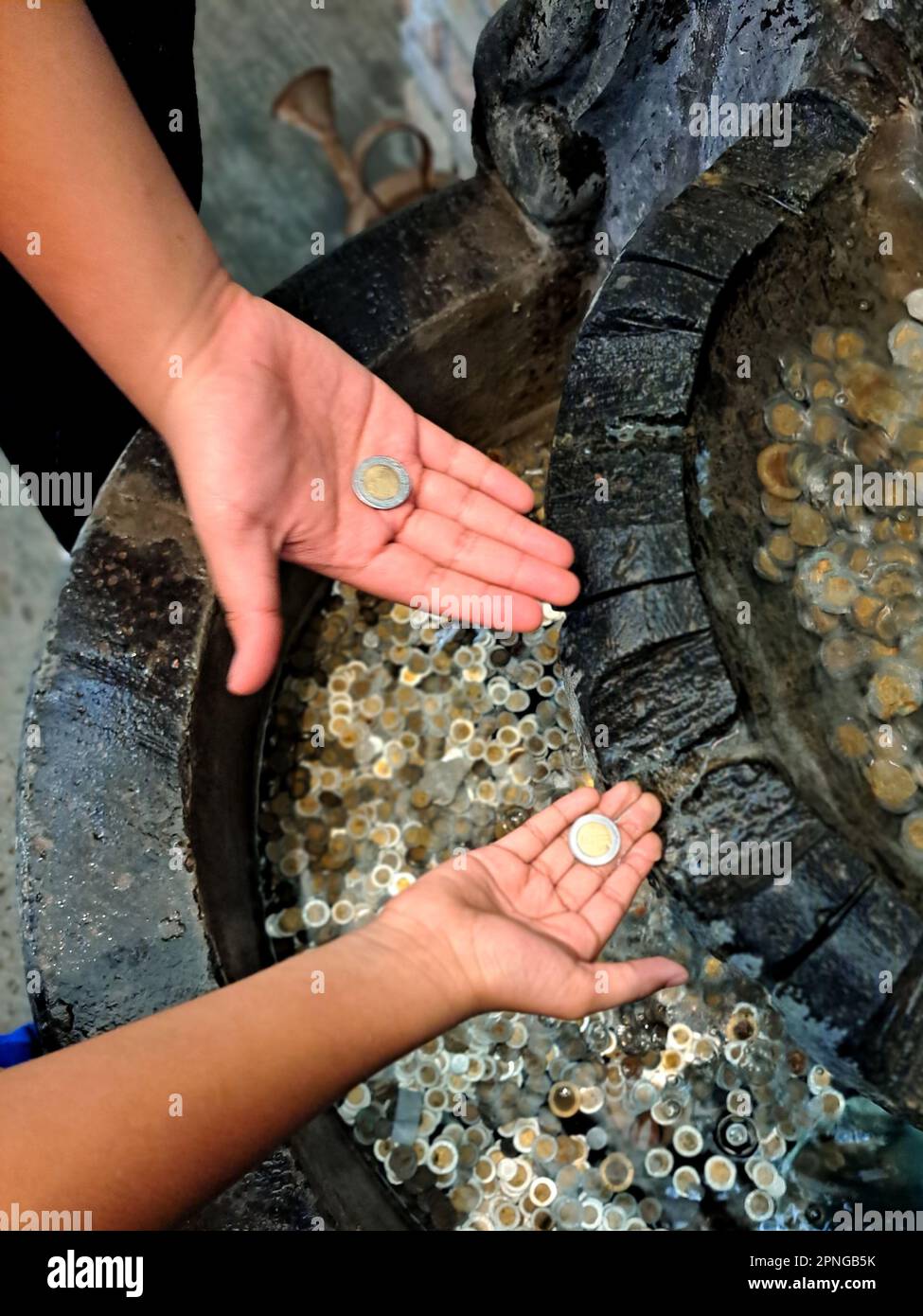 Mains de petits enfants avec des pièces qui sont jetées dans une fontaine où ils demandent des souhaits qui sont remplies avec enthousiasme Banque D'Images