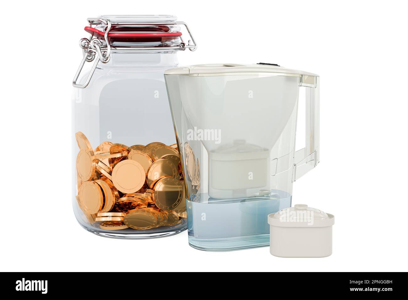 Filtre à eau de pichet avec pot en verre plein de pièces de monnaie dorées,  3D rendu isolé sur fond blanc Photo Stock - Alamy