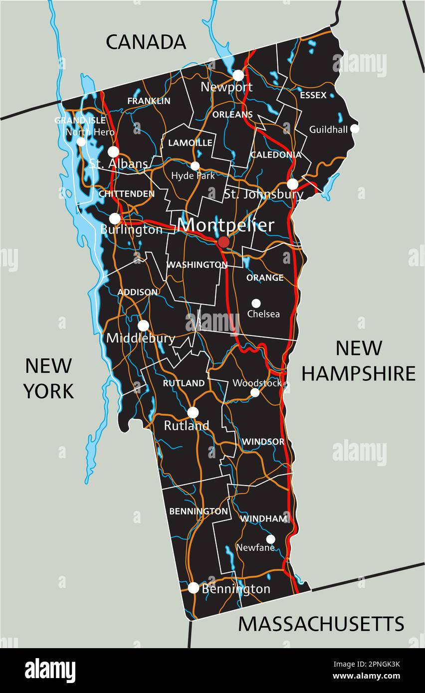 Carte routière du Vermont très détaillée avec étiquetage. Illustration de Vecteur