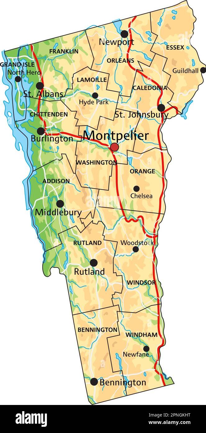 Carte physique très détaillée du Vermont avec étiquetage. Illustration de Vecteur