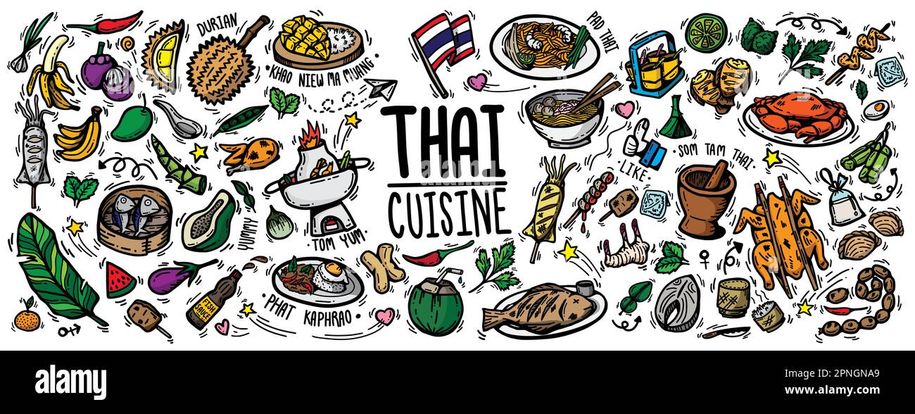 Plats thaïlandais régionaux savoureux menu populaire, desserts, fruits et ingrédients. Dessin de vecteur coloré dessiné à la main pour appétissant les nourritures de rue thaïlandaises Illustration de Vecteur