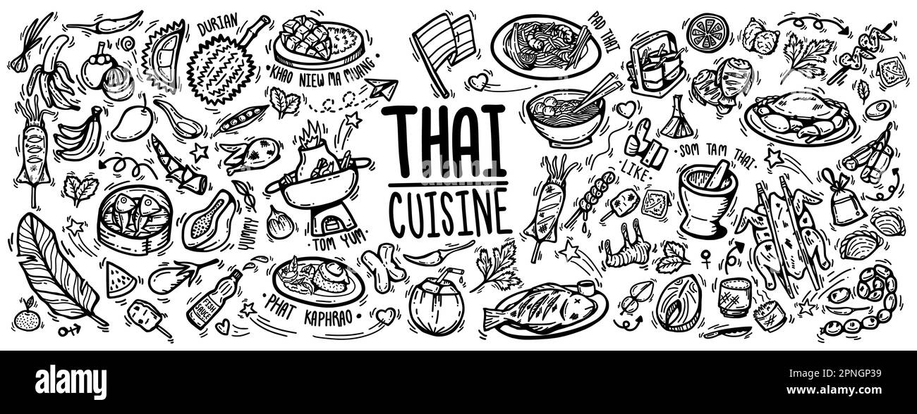 Mignon Doodle caricature régional savoureux plats thaïlandais menu populaire, desserts, fruits et ingrédients. Vectorisation dessinée à la main pour les aliments de rue thaïlandais isolés Illustration de Vecteur