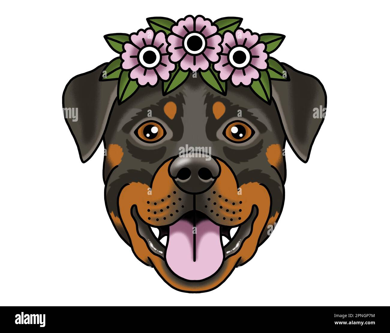 Chien Portrait Rottweiler avec fleur pleine couleur dessin inspiré par le style de l'art de tatouage Banque D'Images