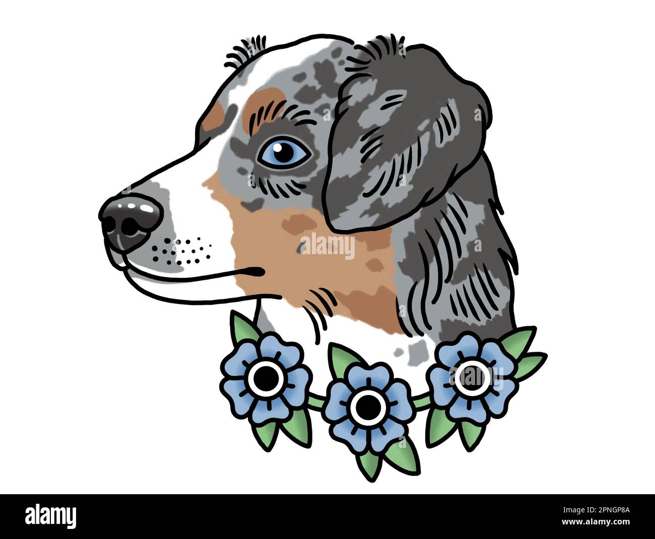 Portrait de chien berger australien avec fleurs couleur dessin inspiré par le style de l'art tatouage Banque D'Images