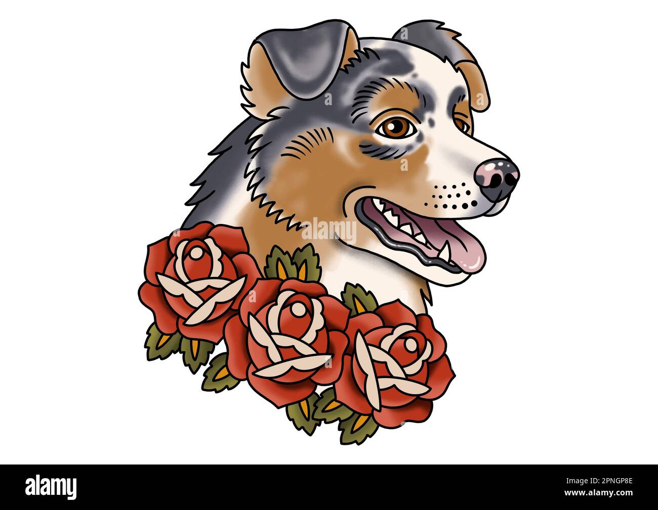 Portrait de chien berger australien avec roses couleur dessin inspiré par le style de l'art tatouage Banque D'Images