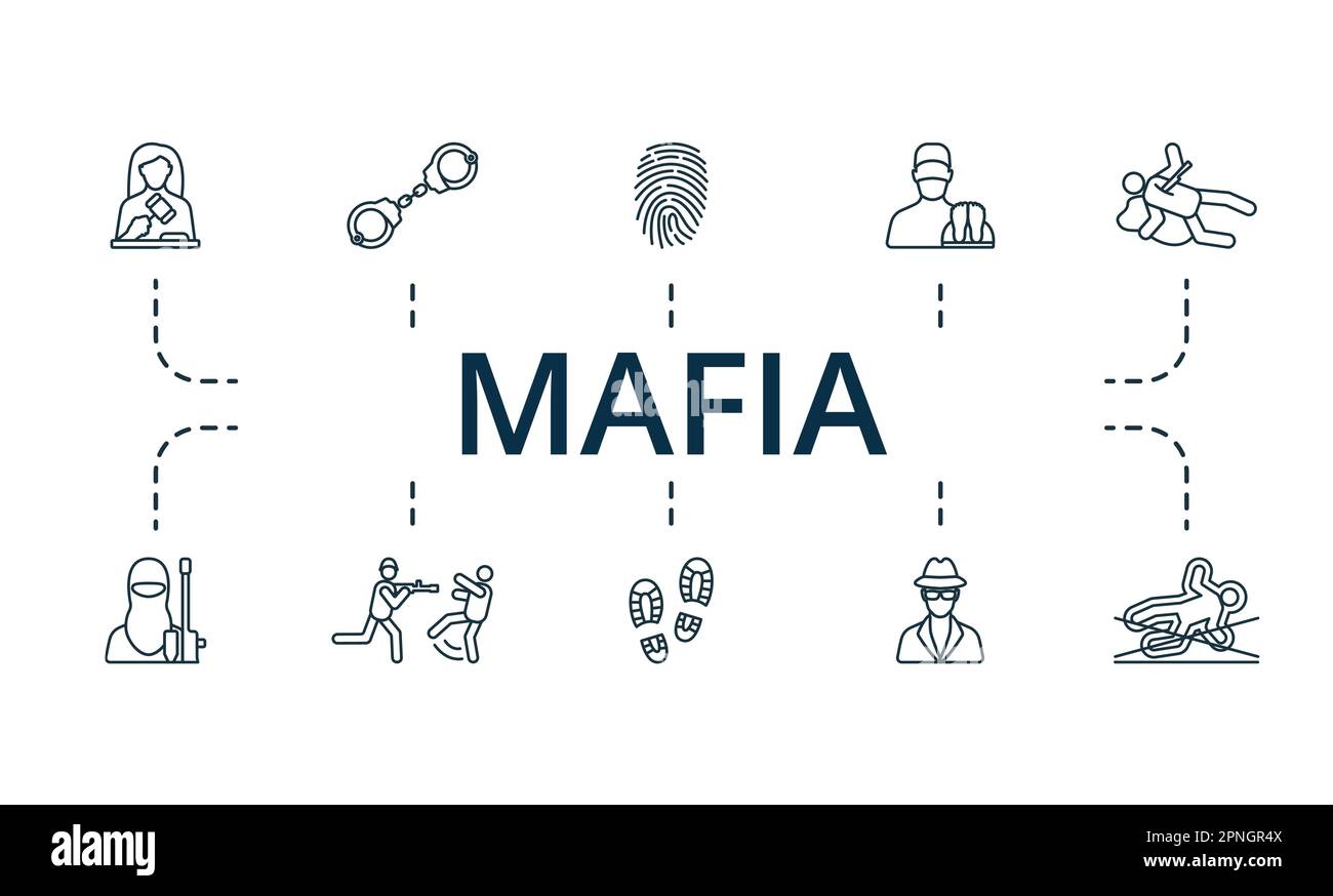 Set de contour mafia. Icônes créatives : juge, menottes, empreintes digitales, coroner, meurtre, terrorisme, crime de guerre, empreintes digitales, espionnage, crime. Illustration de Vecteur