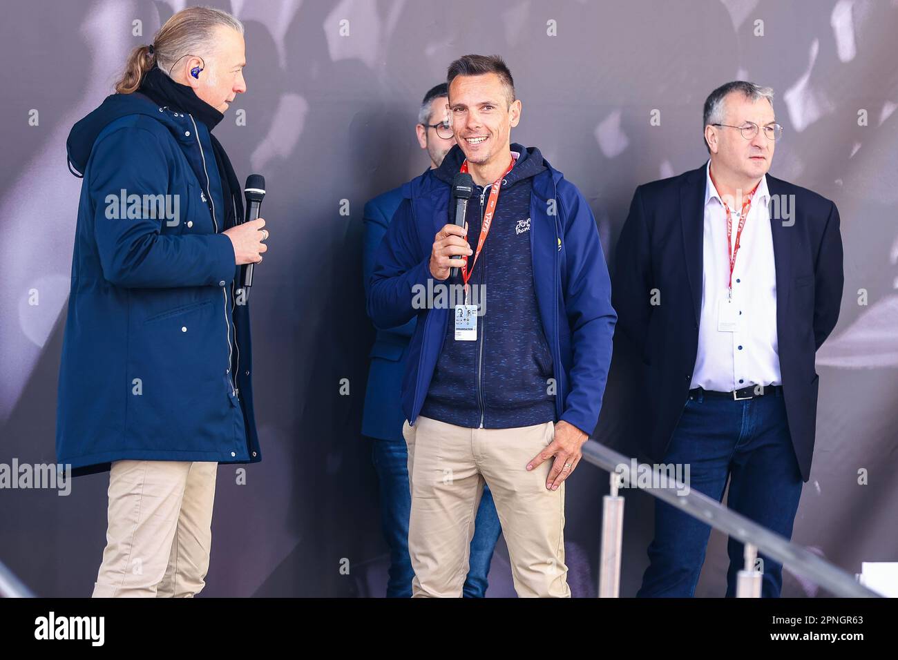 Herve, Belgique. 19th avril 2023. Ancien cycliste belge Philippe Gilbert photographié au début de l'édition 86th de la course masculine 'la Fleche Wallonne', une course cycliste d'une journée (Waalse Pijl - flèche wallonne), 194, à 2 km de Herve à Huy, mercredi 19 avril 2023. BELGA PHOTO DAVID PINTENS crédit: Belga News Agency/Alay Live News Banque D'Images