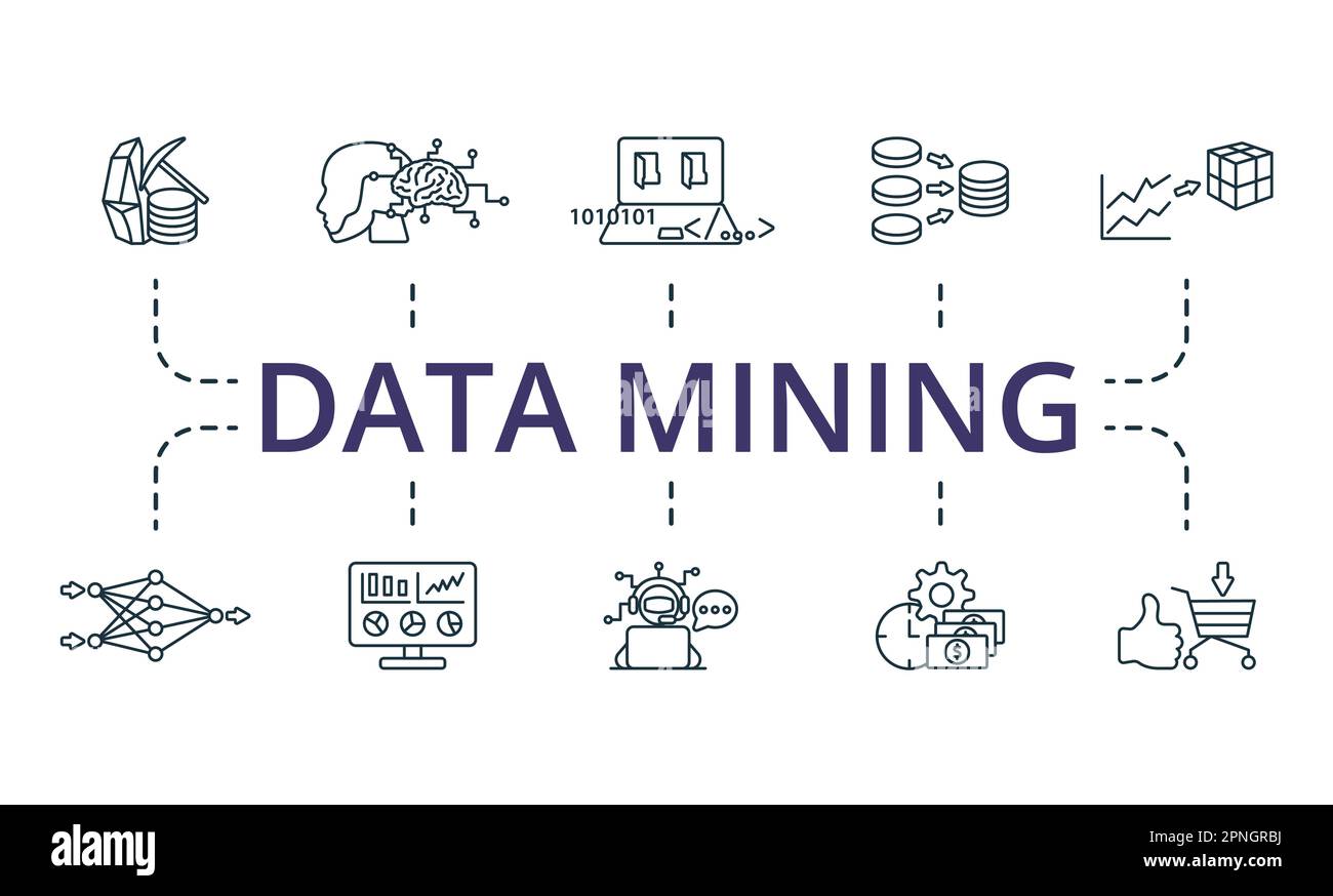 Ensemble de contours d'exploration de données. Icônes créatives : Data minig, machine learning, informatique, intégration de données, modélisation prédictive, apprentissage approfondi, données Illustration de Vecteur
