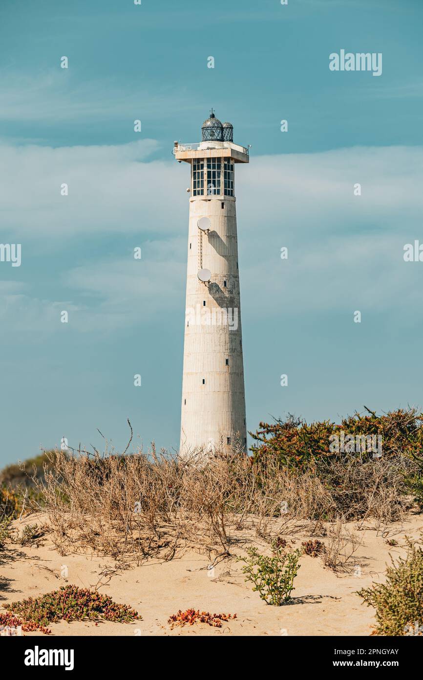 Phare de Morro Jable sur l'île canari de Fuerteventura, Espagne. Banque D'Images