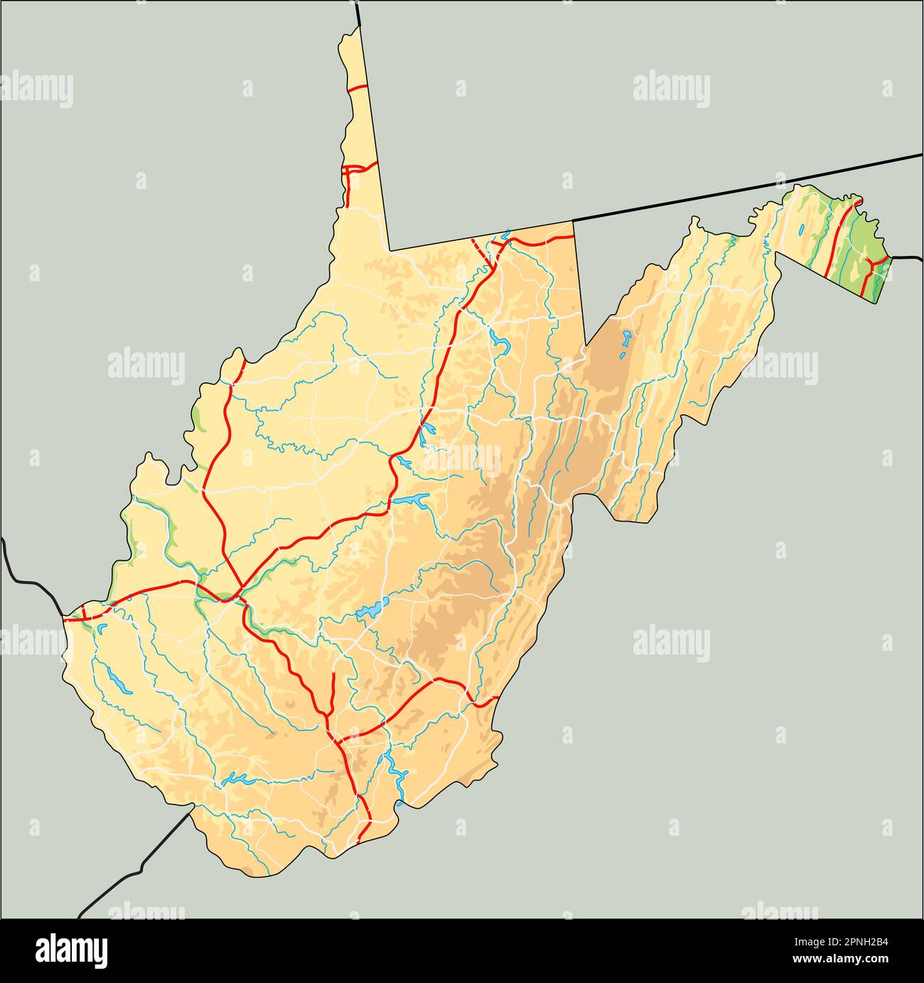 Carte physique détaillée de la Virginie-Occidentale. Illustration de Vecteur
