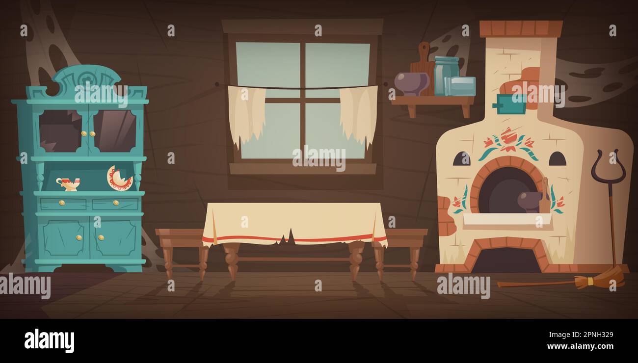 Ancienne maison rurale russe, ukrainienne abandonnée avec four, placard sale et table, rideaux déchirés sur la fenêtre. Illustration vectorielle de pièce en bois vide, cuisine russe traditionnelle avec cuisinière Illustration de Vecteur