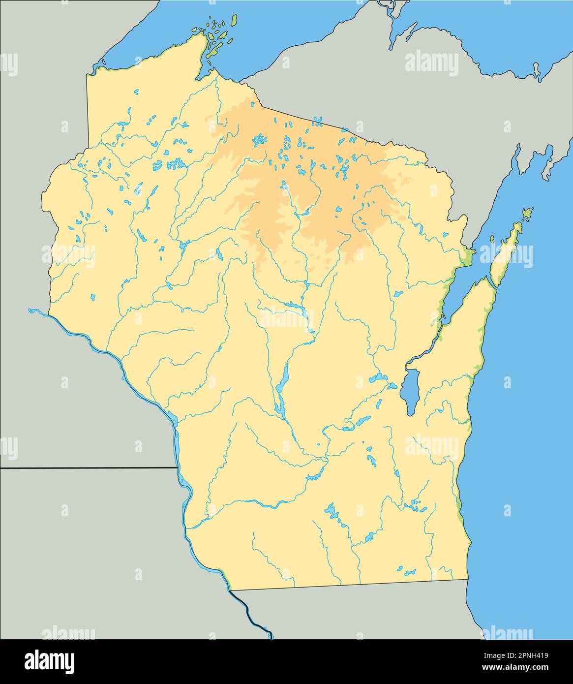 Carte physique du Wisconsin très détaillée. Illustration de Vecteur