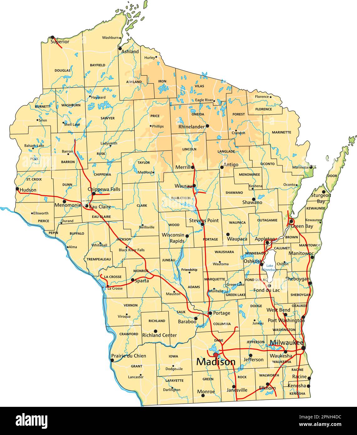 Carte physique Wisconsin haute précision avec étiquetage. Illustration de Vecteur