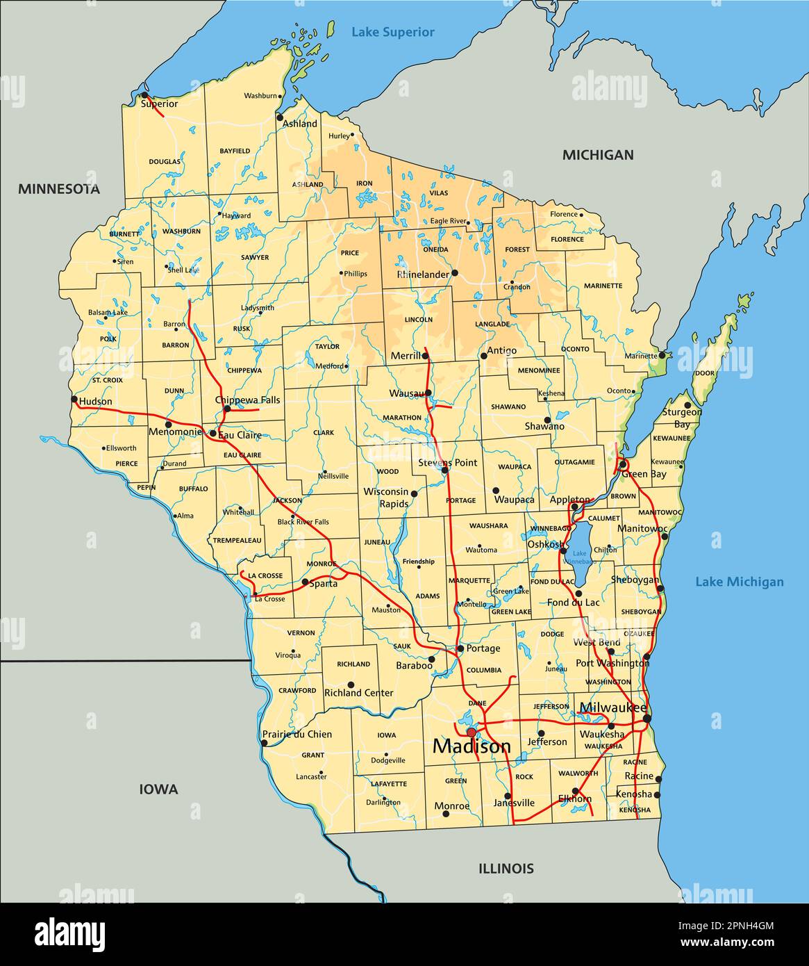 Carte physique Wisconsin haute précision avec étiquetage. Illustration de Vecteur