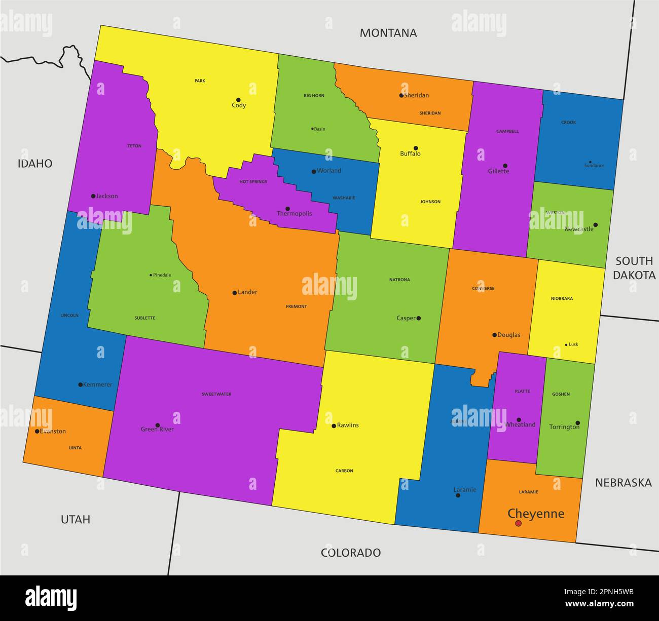 Carte politique colorée du Wyoming avec des couches clairement étiquetées et séparées. Illustration vectorielle. Illustration de Vecteur