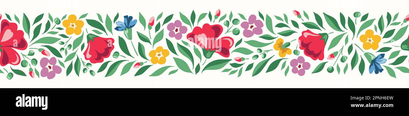 Délicat chintz romantique Meadow fleurs sauvages horizontal Vector sans couture bordure à motif Illustration de Vecteur