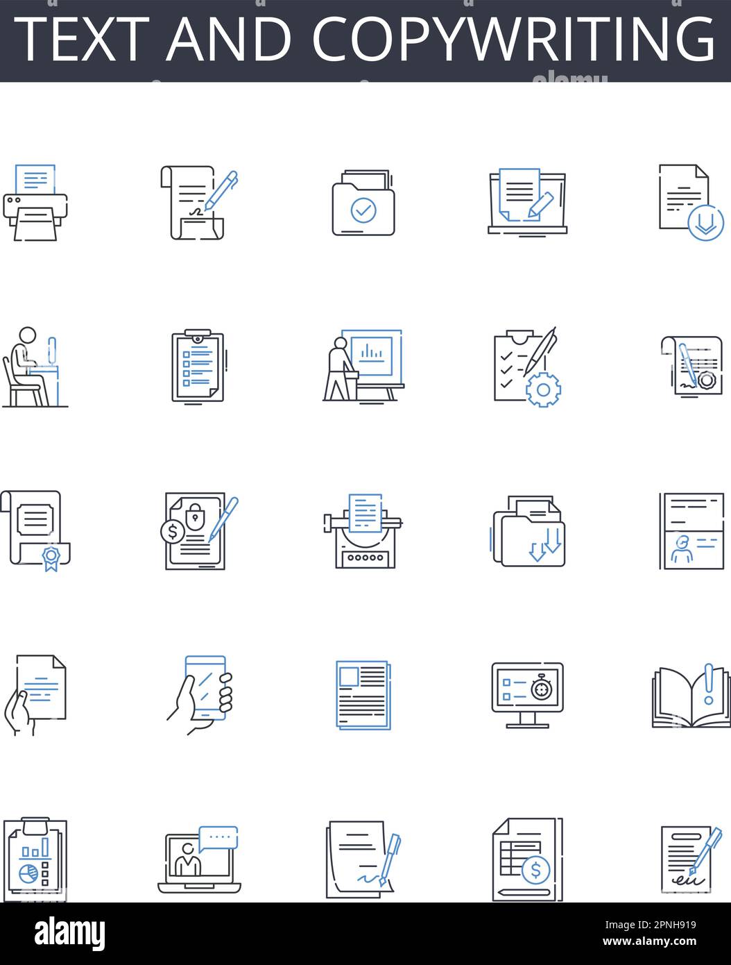 Collection d'icônes de texte et de ligne de rédaction. Wordsmitthing, écriture, script, création, composition, Penning, dessin vectoriel et illustration linéaire Illustration de Vecteur