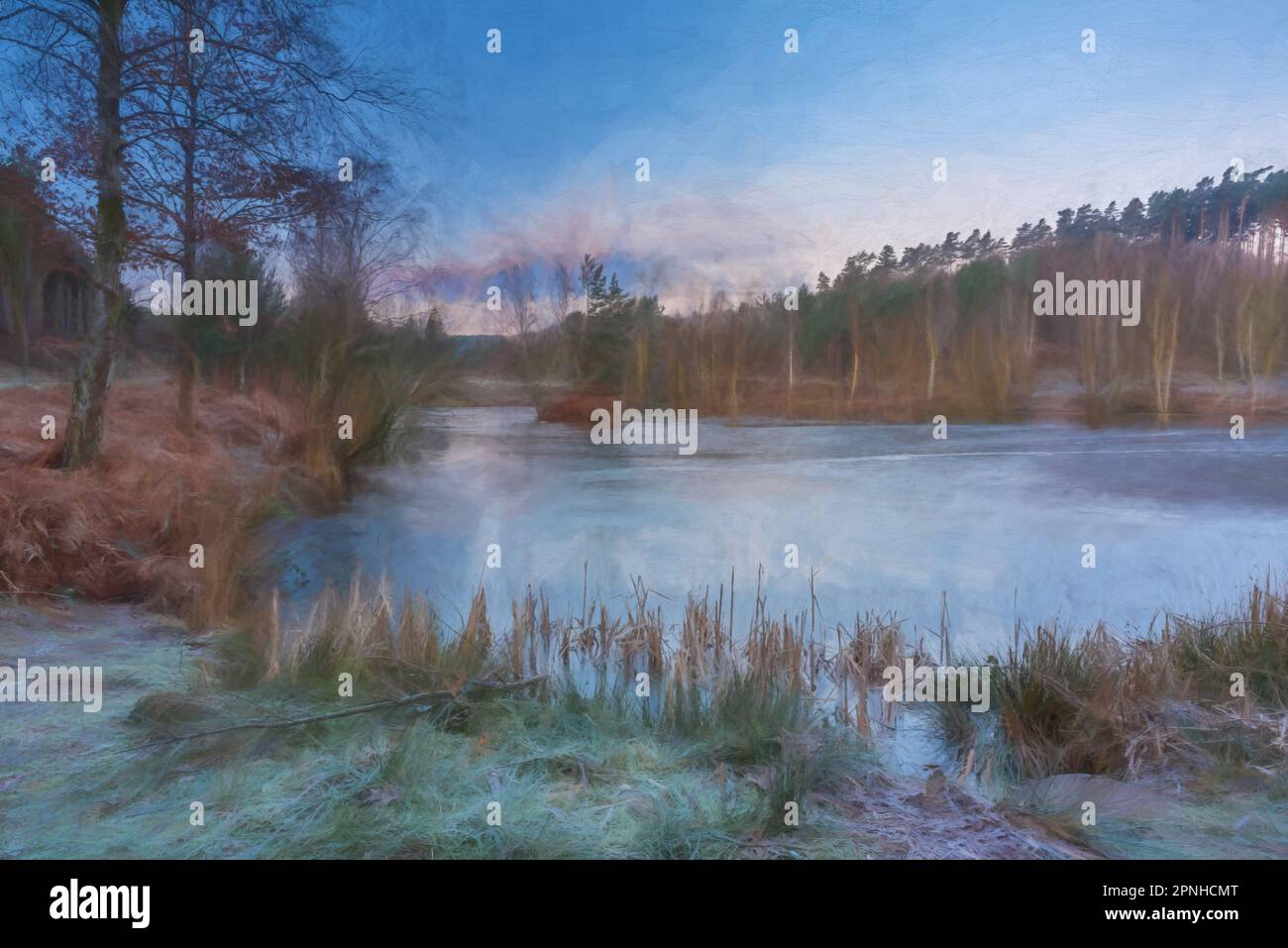Peinture numérique des bois et des rives des lacs de pêche de Cannock Chase, AONB, Staffordshire. Banque D'Images