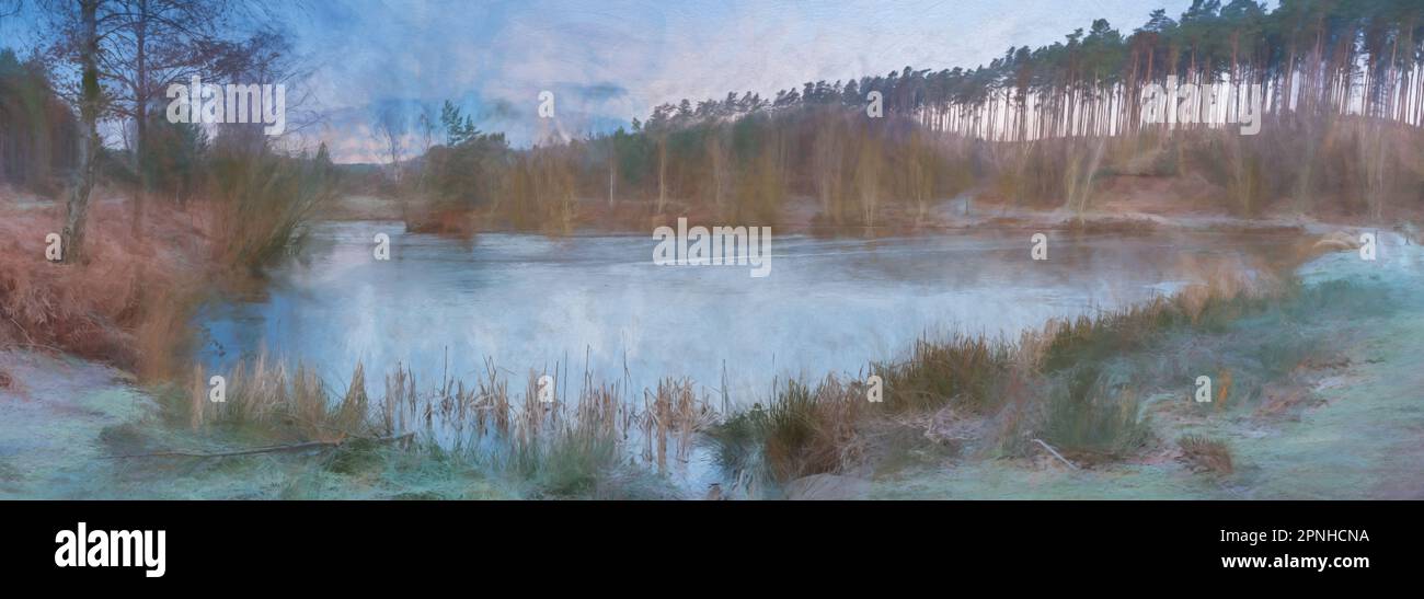 Peinture numérique des bois et des rives des lacs de pêche de Cannock Chase, AONB, Staffordshire. Banque D'Images