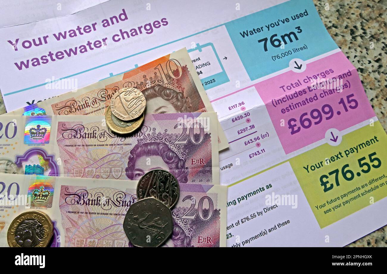 Augmentation des factures, de l'approvisionnement et des frais de traitement des eaux usées privatisés, avec billets et pièces en espèces Banque D'Images