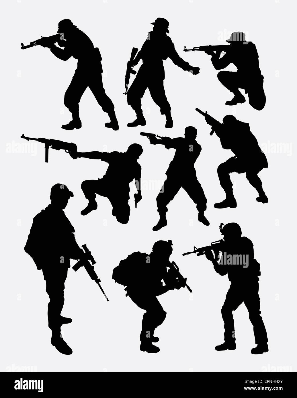 un soldat de l'armée pose avec une silhouette d'arme à feu. Bonne utilisation pour le symbole, l'icône Web, le personnage de jeu, l'élément, le signe, mascotte, ou n'importe quel design que vous voulez. Facile pour nous Illustration de Vecteur