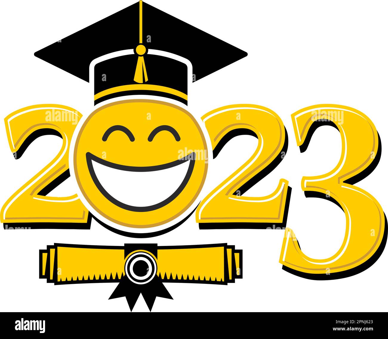 Classe de 2023. Émoticone sourire dans le chapeau de la graduation. Modèle pour les fêtes de remise des diplômes avec carte d'invitation. Vecteur sur fond transparent Illustration de Vecteur