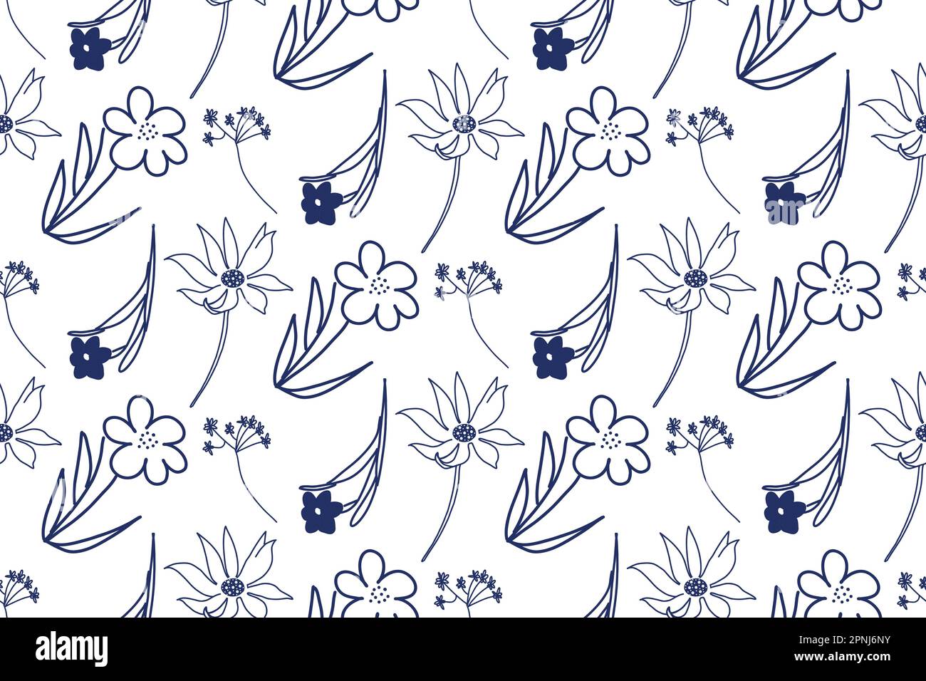 Motif sans couture. Motif floral dessiné sur une tablette. Fleurs vectorielles de formes simples en bleu sur fond blanc. Illustration de Vecteur