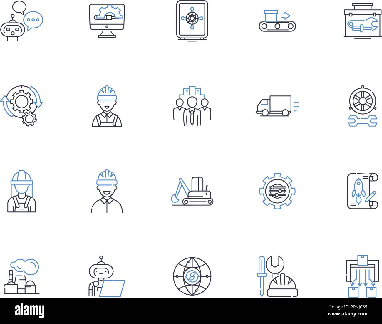 Collection d'icônes de ligne de fabrication. Production, assemblage, production de masse, fabrication, automatisation, Chaîne d'approvisionnement, vecteur d'efficacité et linéaire Illustration de Vecteur